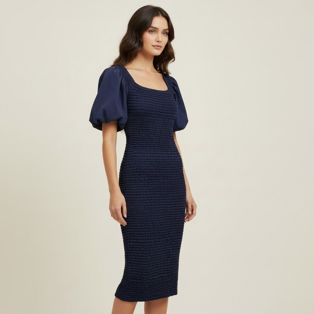 MISA Los Angeles Navy Blue Smocked Puff Sleeve Bodycon Midi Dress Size XS